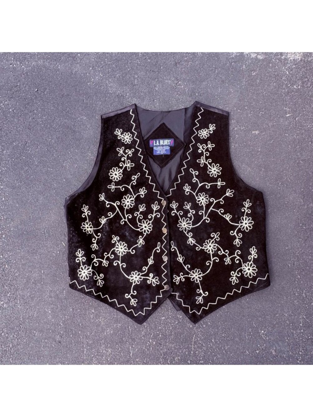 Vintage L.A. Blues Black Suede Vest With Embroidered Floral Design & Button Clos